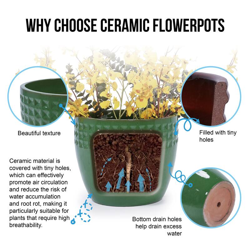 Set of 3 Ceramic Planters Diamond Pattern Plants for Succulents Herbs