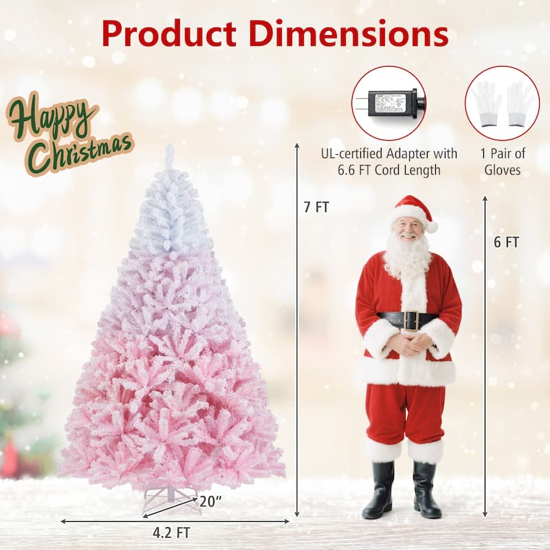 5/6/7/8 FT Pre-Lit Snow Flocked Christmas Tree Artificial Pink Tree - Pink+White - 7 Foot