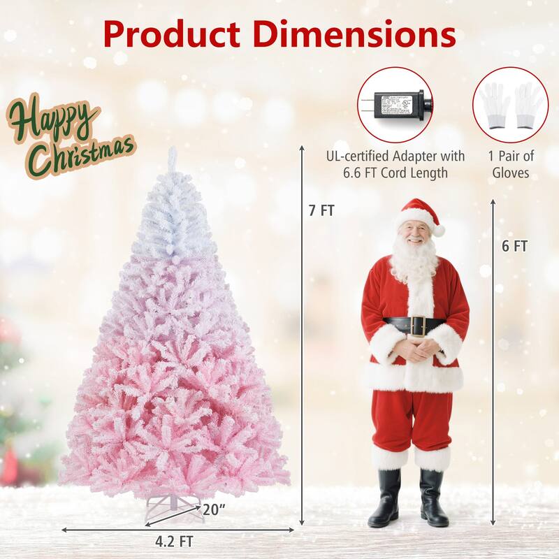 Gymax Artificial Christmas Tree Hinged Snow Flocked Xmas Tree w/ - Pink, White