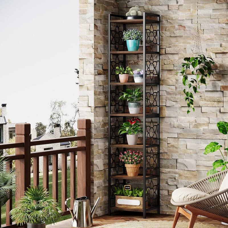 7-Tier Tall Corner Shelf, 78.74" Narrow Corner Bookshelf Bookcase with Metal Frame