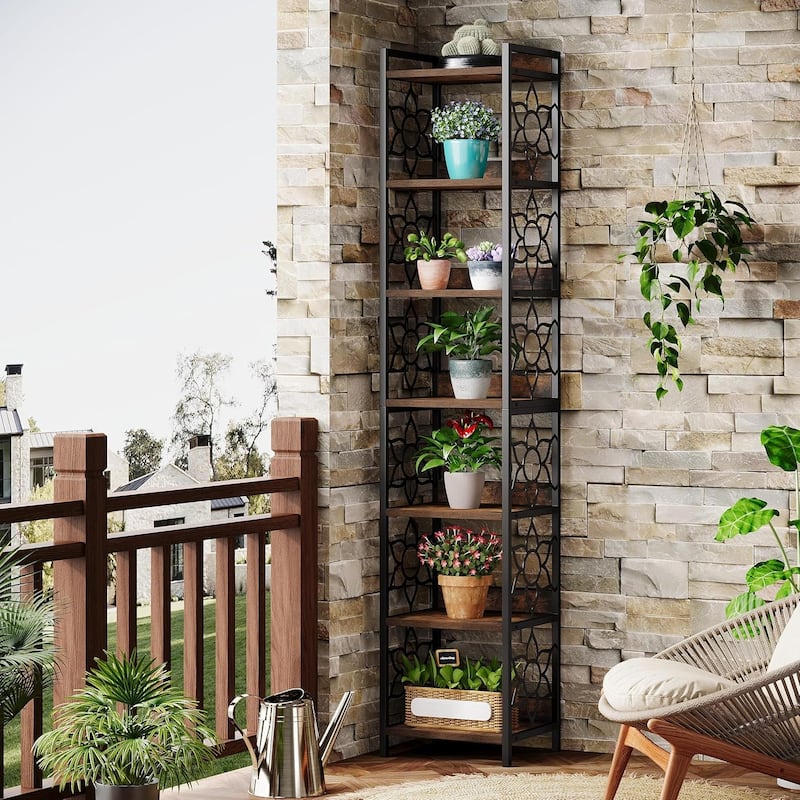 78.74 Inches Tall Brown MDF Bookshelf, 7-Tier Narrow Corner Shelf