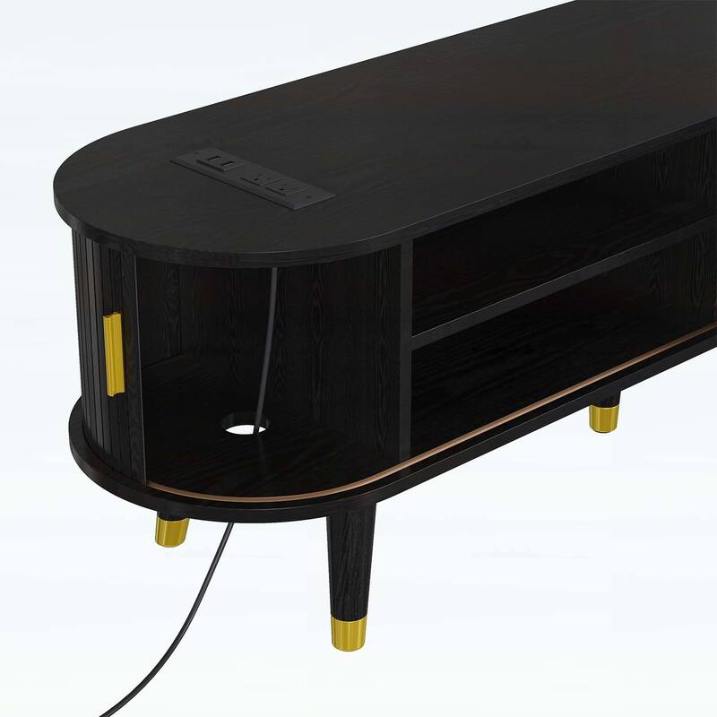 Mid-Century Wooden Oval Fluted TV Stand with Charging Station,Sliding Tambour Door
