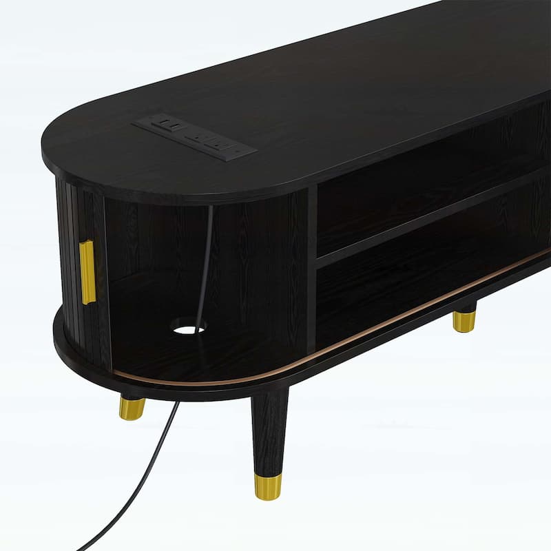Wooden Oval Fluted TV Stand with Charging Station,Sliding Tambour Door,and Ample Storage for Living Room