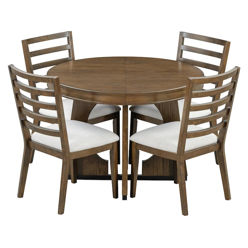 Walnut Dining Set with Extendable Round Table & 4 Upholstered Chairs