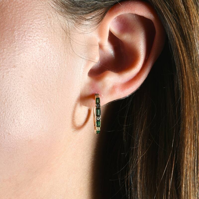 Bliss Diamond 1/2Ct Emerald & Diamond Crown Jewel Hoops Yellow Gold Earrings Lab Grown 3/4"