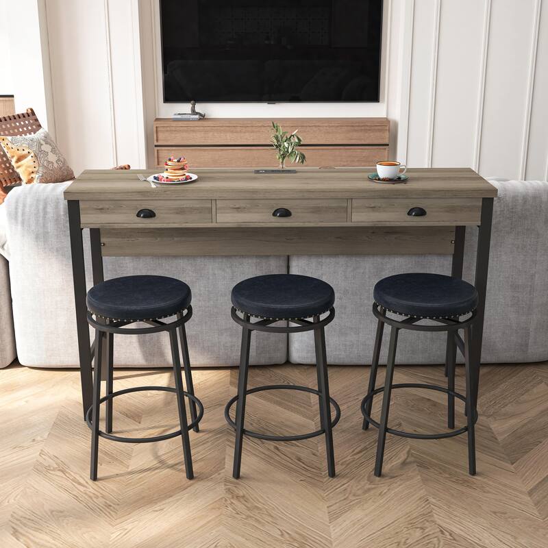 3-Drawer Dining Table Set with Power Outlets and Circular PU Stools