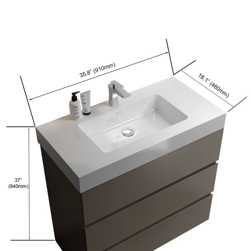 36" Grey Large Storage Freestanding Vanity for Modern Bathroom, One-Piece White Sink Basin without Drain and Faucet