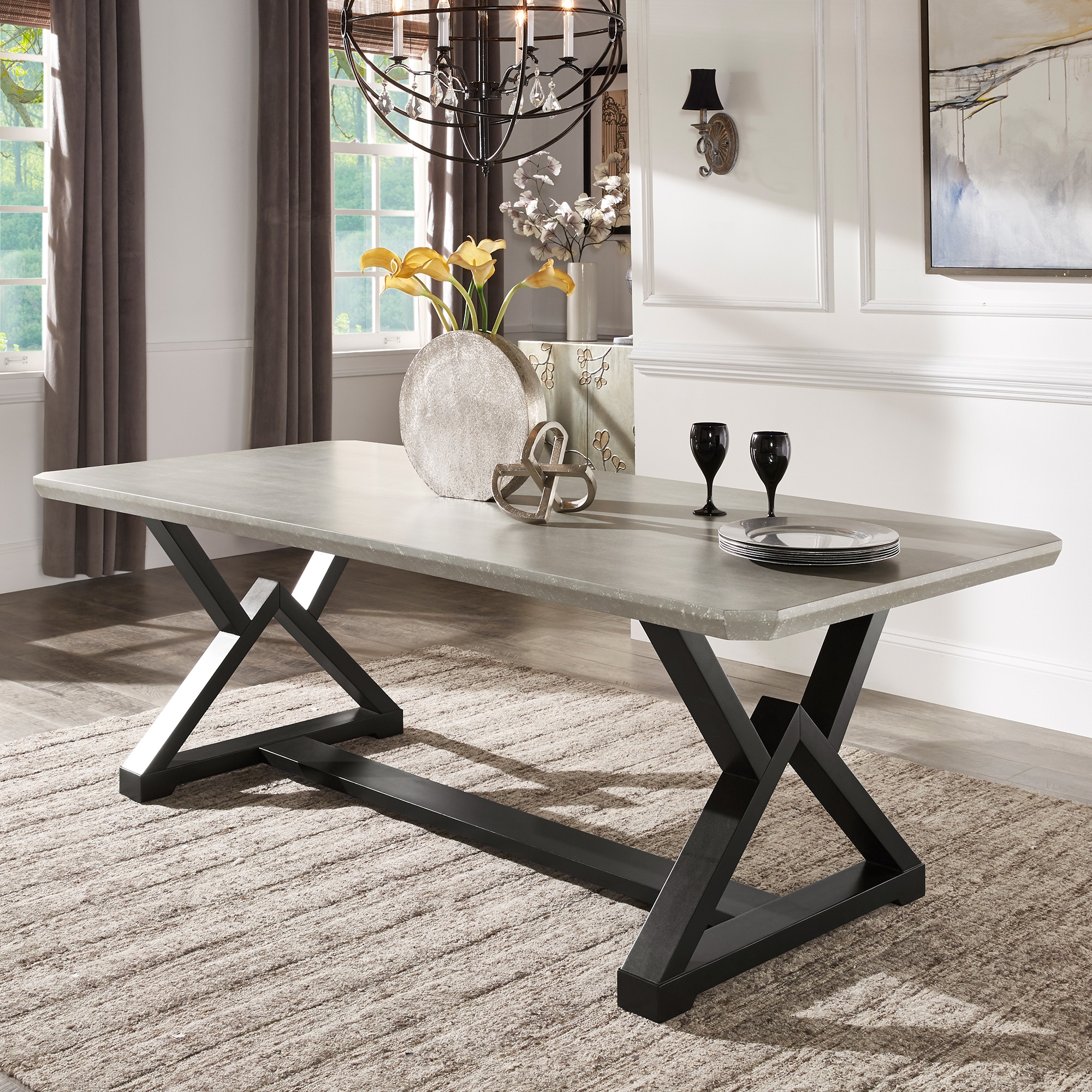 Brasov 92 Black Finish Light Grey Fiber Cement Top Dining Table by Inspire Q Modern Grey Linen
