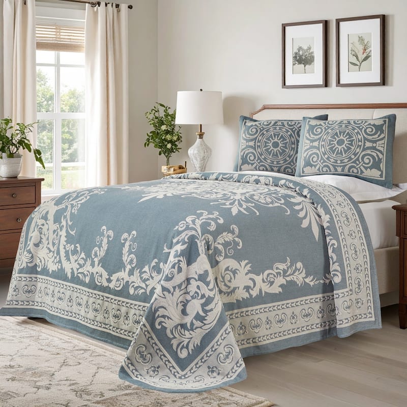 Superior Cotton Blend Oversized Vintage Medallion Bedspread Set - Cerulean Blue - Twin