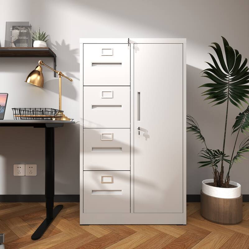 Metal Vertical Filing Cabinet with Wardrobe, Lockable Steel Office File Storage Cabinet with 4 Drawers and 1 Door - White