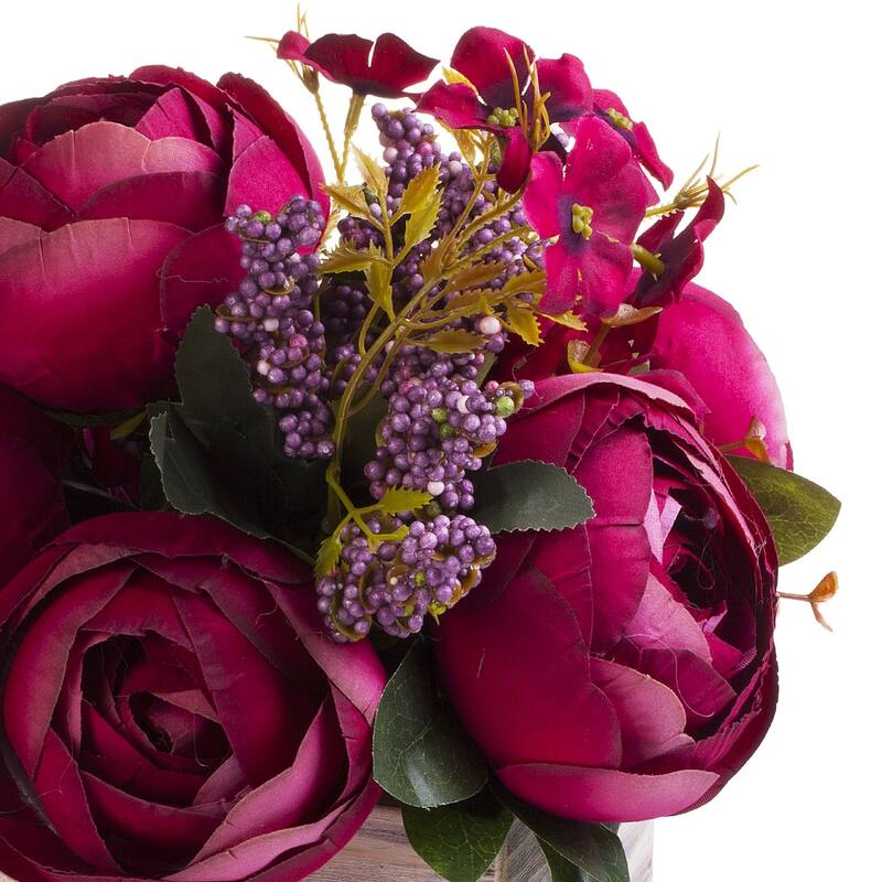 Enova Home Mixed Artificial Silk Peony Fake Flowers Arrangement in Natural Wood Planter for Home Office Wedding Decoration