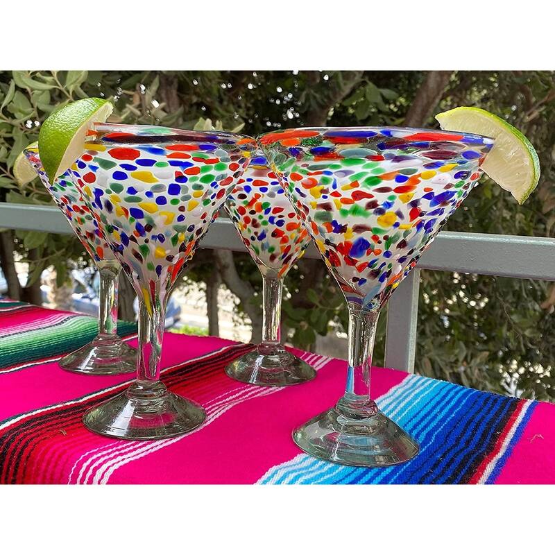 Dos Sueños Mexican Hand Blown Glass - Set of 4 Hand Blown Modern Margarita Glasses - Confetti Rock (12 oz)