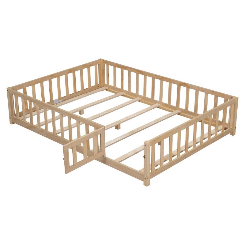 Floor Platform Bed with Fence and Door for kids Toddlers, Full Size - Natural - Full