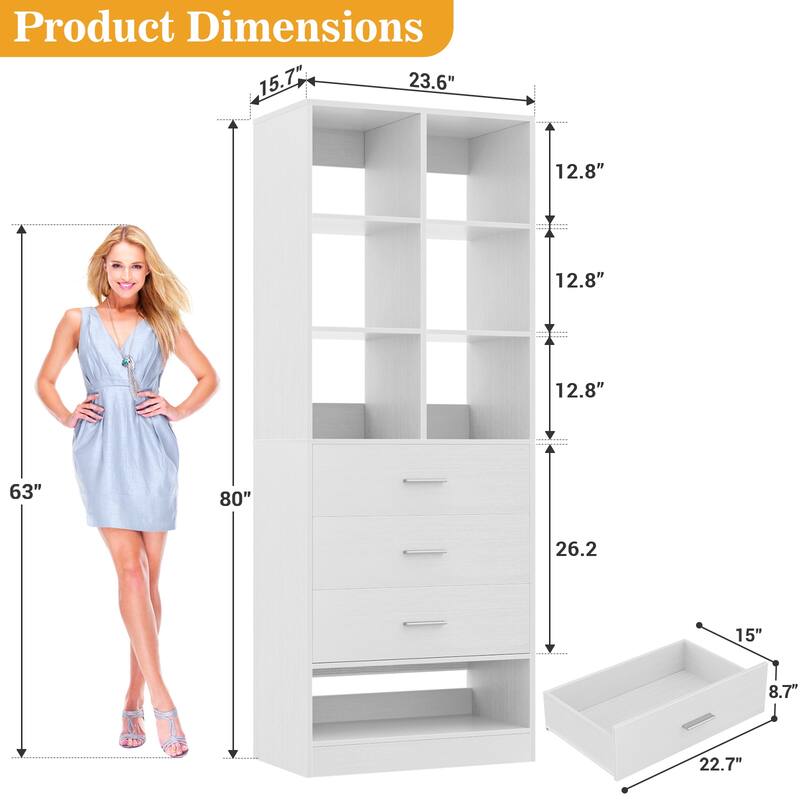 Qvella 23.6'' W Closet System with 3 Wooden Drawers and Partition Storage,Modular Closet Organizer for Walk-in/Reach-in Closet