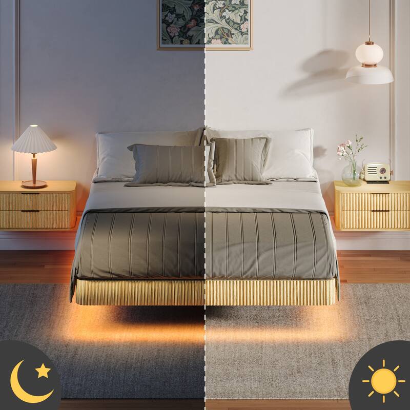 Oak Queen Floating Bed Frame with LED Lights