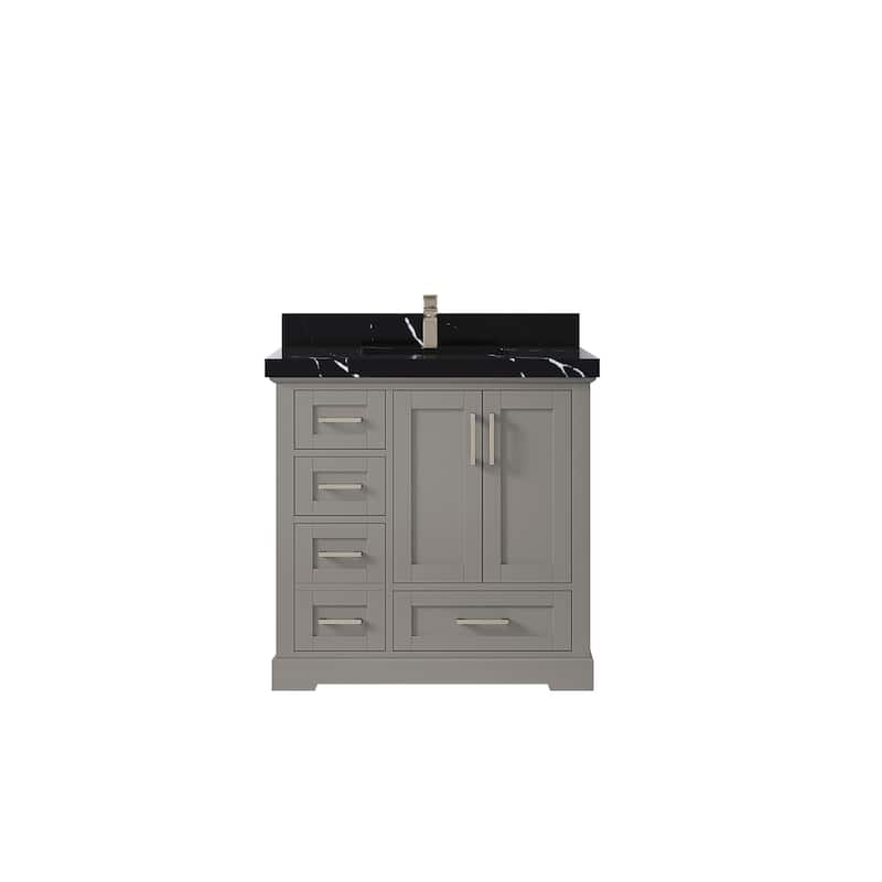 Willow Collections 36 x 22 Boston Center Sink Right Bathroom Vanity with Countertop - 2"Calacatta Black - Elephant Skin Gray