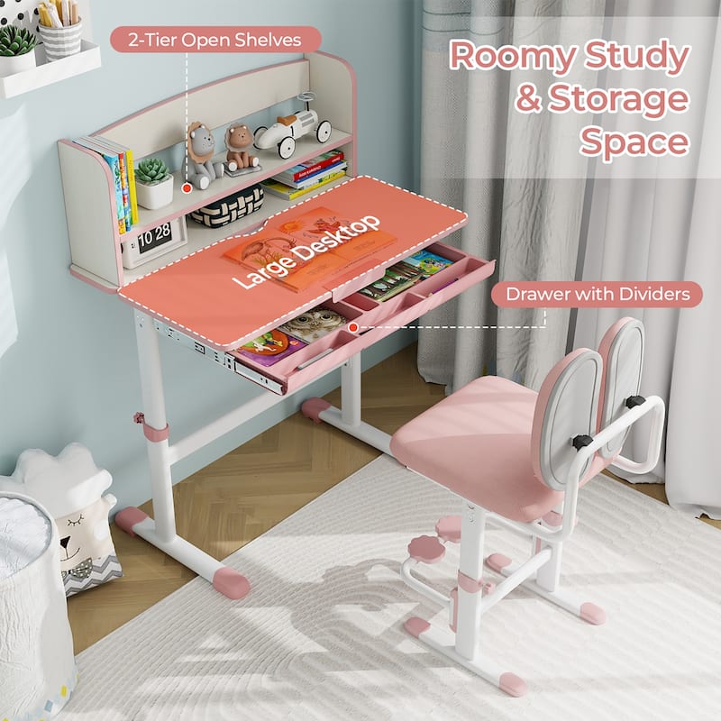 Gymax Kids Desk & Chair Set Height Adjustable Children School Study