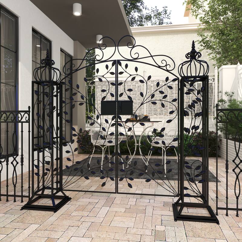 Black Metal Indoor Outdoor Scrollwork Arched Gate Garden Arbor with Vines and Latch Lock Closure