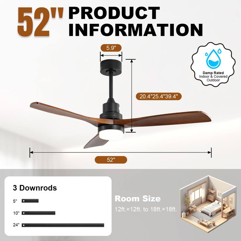 Sofucor 48/52 Inch Ceiling Fan with Light, Solid Wood Blades for Living Room, Bedroom,Smart Optional