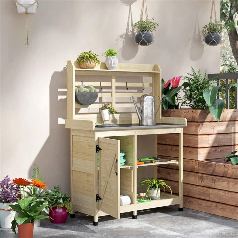 Outdoor Garden Workstation with Storage Shelves for Tools and Plants - 44.1" L x 18.5" W x 57.5" H
