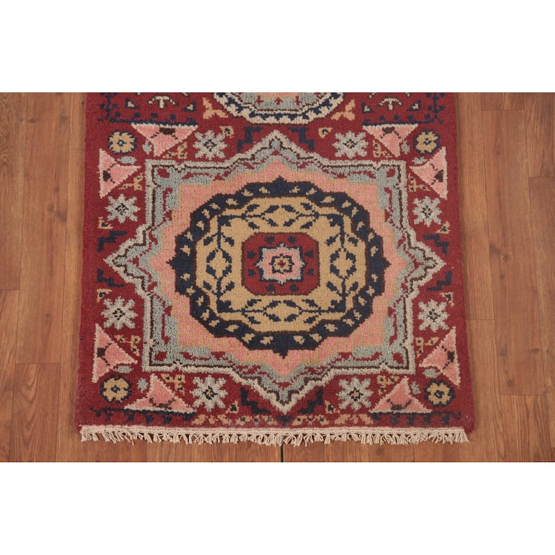 Geometric Red Kazak Oriental Runner Rug Handmade Wool Carpet - 2'5"x 8'1"