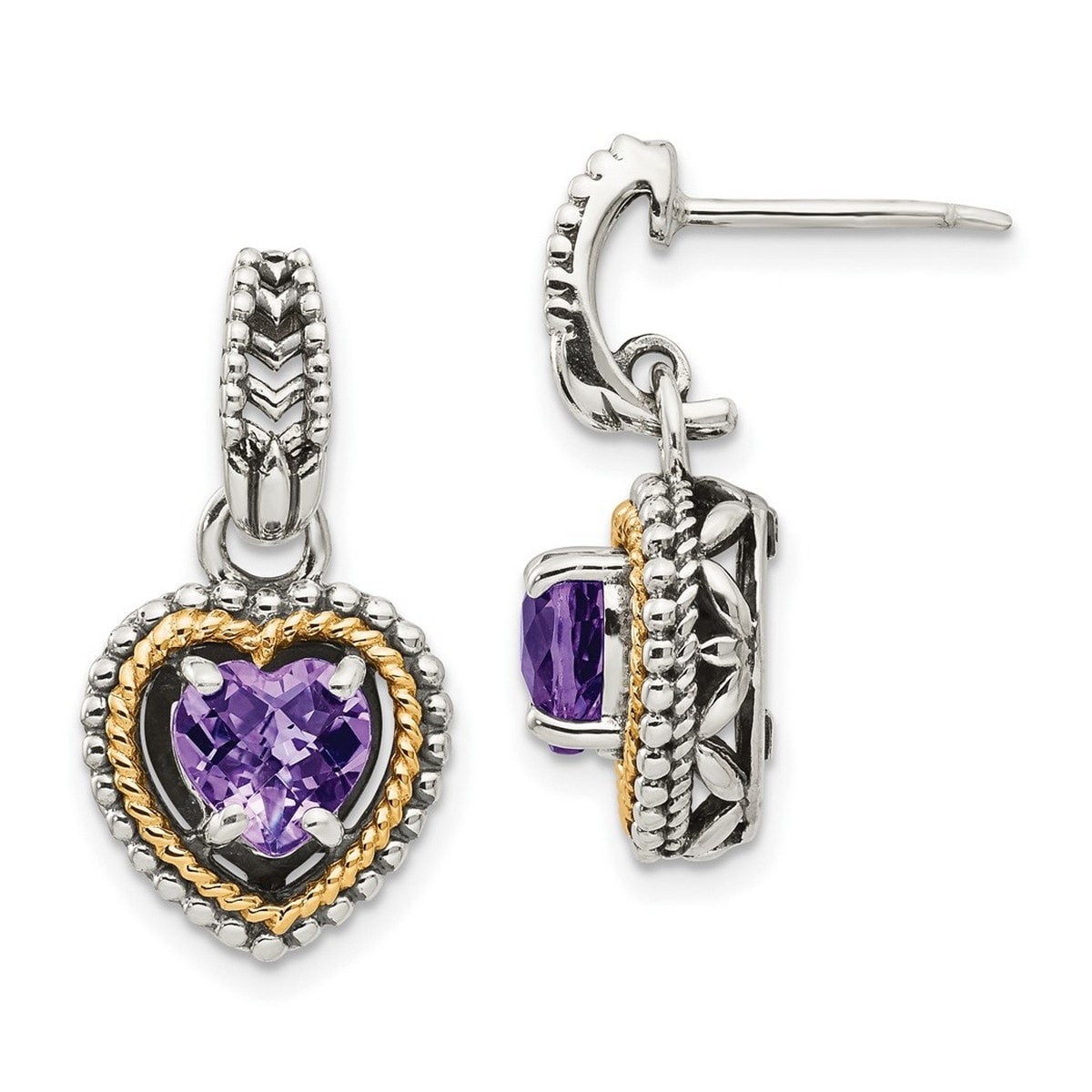 Curata 925 Sterling Silver 14k Yellow Gold 23x12mm Vintage Amethyst Heart Dangle Earrings