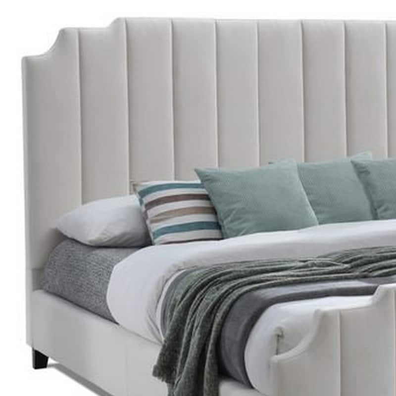 Cery Modern King Size Bed, Channel Tufted Cream Beige Chenille Upholstery