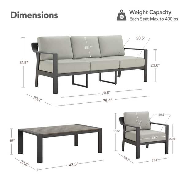 dimension image slide 6 of 15, Spruce & Spring Outdoor Patio Furniture Set Aluminum Sofa Accent Chair