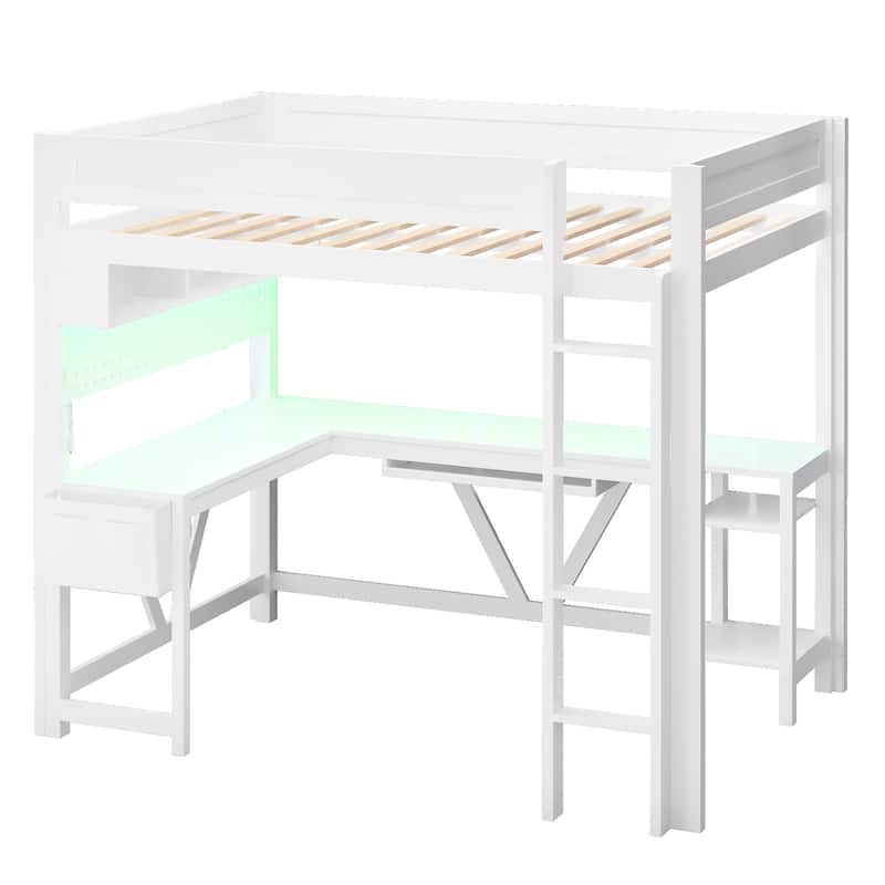 Wood Full Size Gaming Loft Bed Frame with Computer Desk, Grid Storage Panel, Storage Shelves, Cabinet, LED and Charging Station