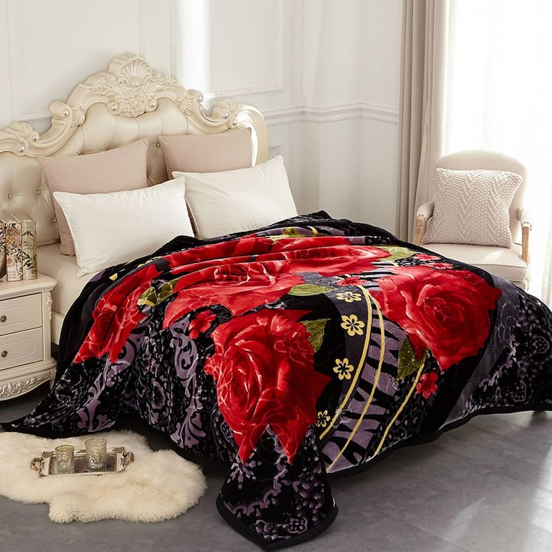 Korean-style 2-ply Printed Pattern Plush Mink Fleece Blanket - Queen - Black