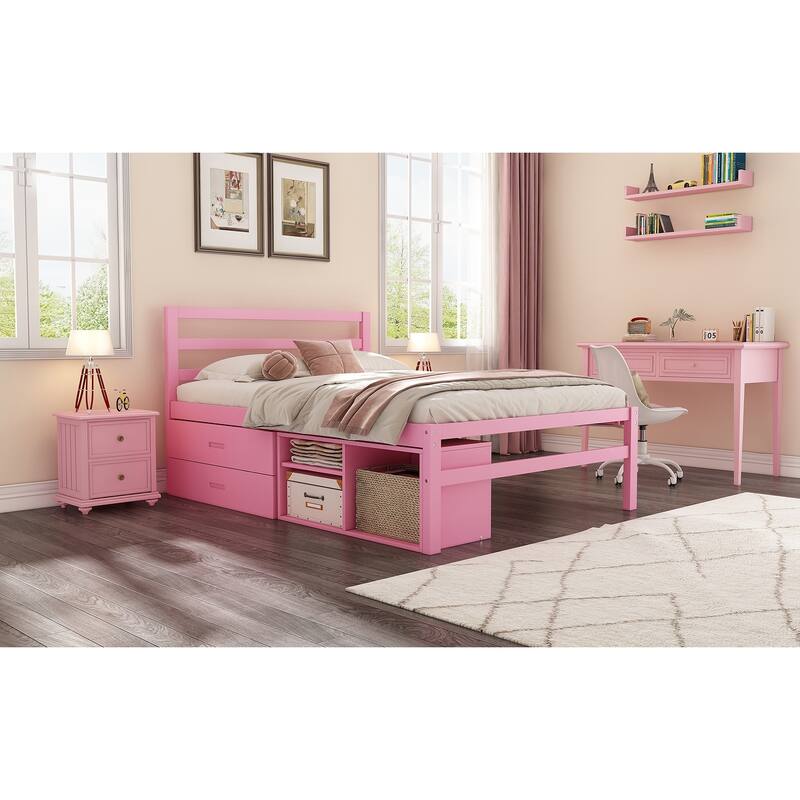 Full Size Wood Platform Bed with Removable Storage Shelves and Built-in Two Storage Drawers
