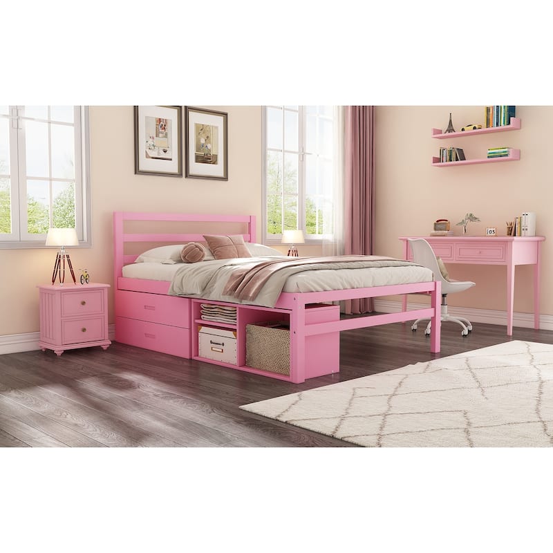 Full Size Wood Platform Bed with Removable Storage Shelves