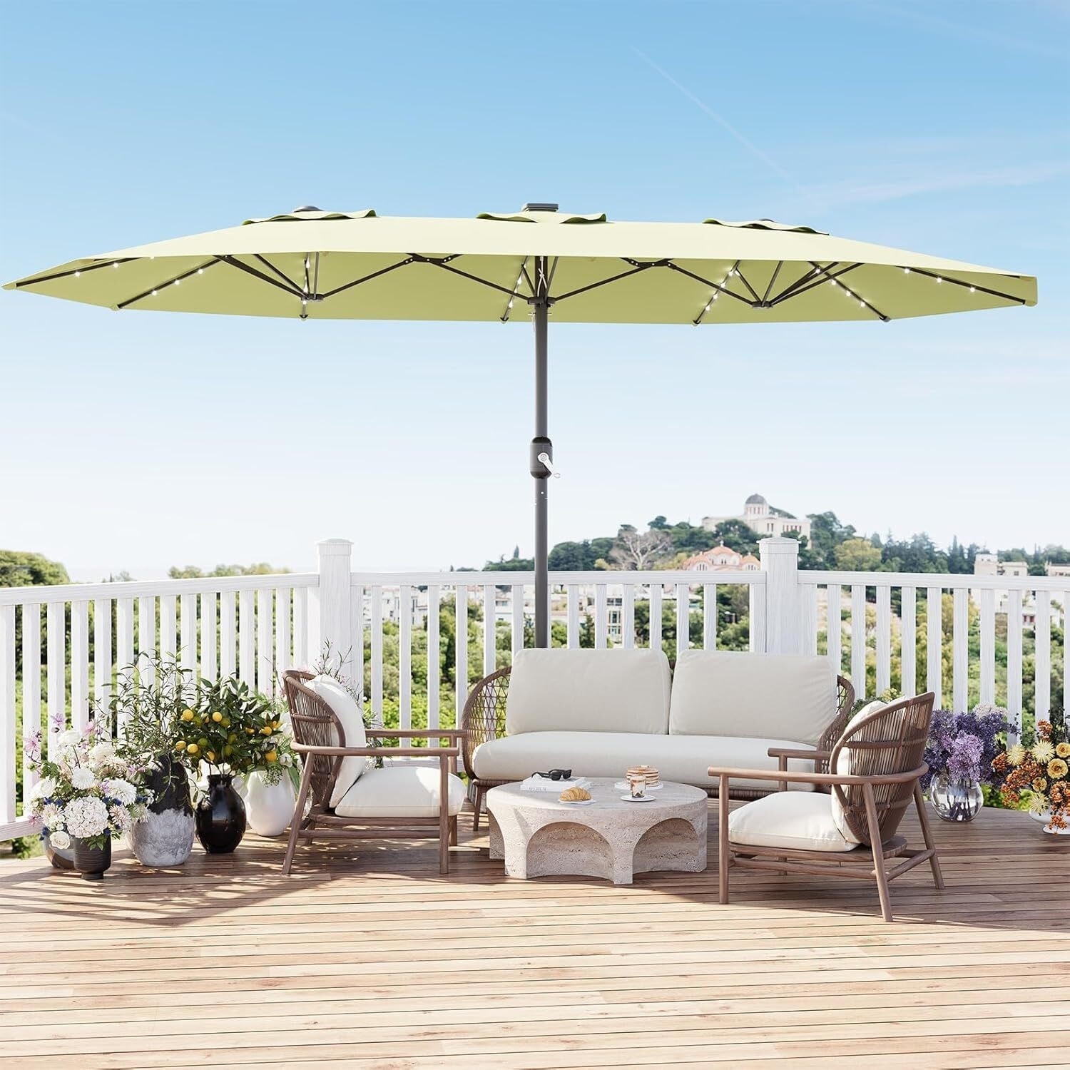 Garvee UV Protection 15 FT Patio Umbrella with Solar lights, Base Included for Garden, Pool, Deck