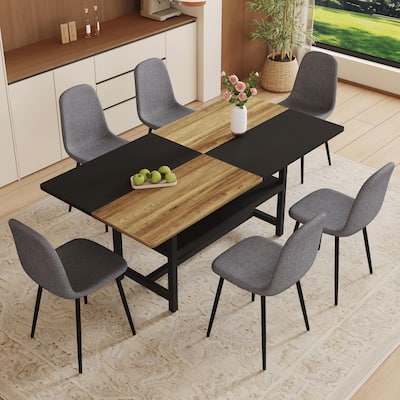 Roomfitters 7/9pcs Wood and Black Spliced Dining Table Set with Storage Base and Linen Fabric Chairs, Dark Gray