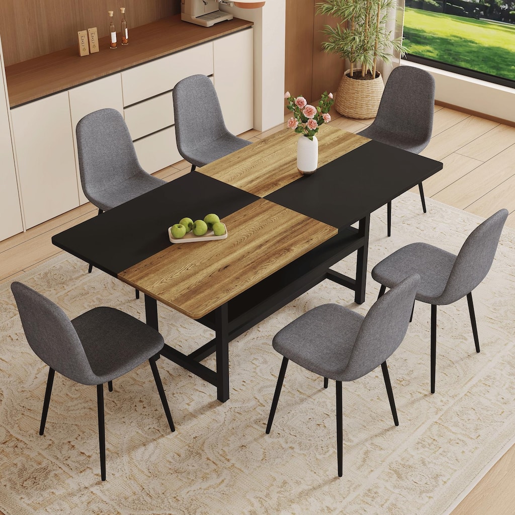 Roomfitters 7/9pcs Wood and Black Spliced Dining Table Set with Storage Base and Linen Fabric Chairs, Dark Gray