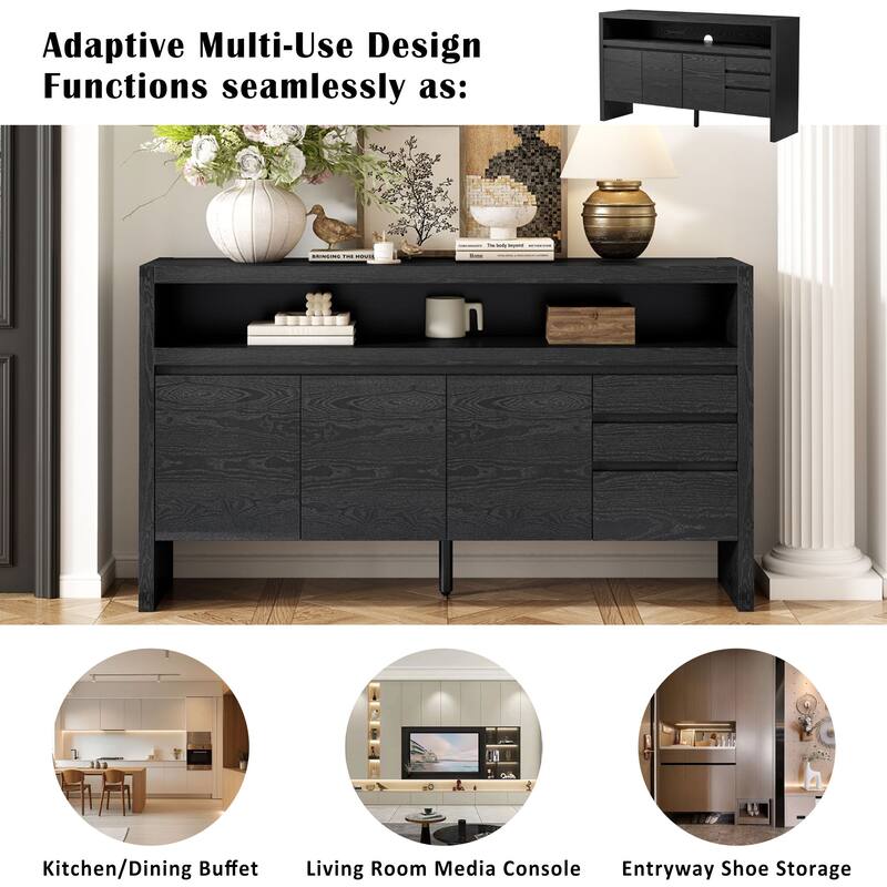 3-Door Sideboard with 3 Drawers - Modern Solid Ash Sideboard, Large Storage Cabinet for Living Room, Hallway, Dining