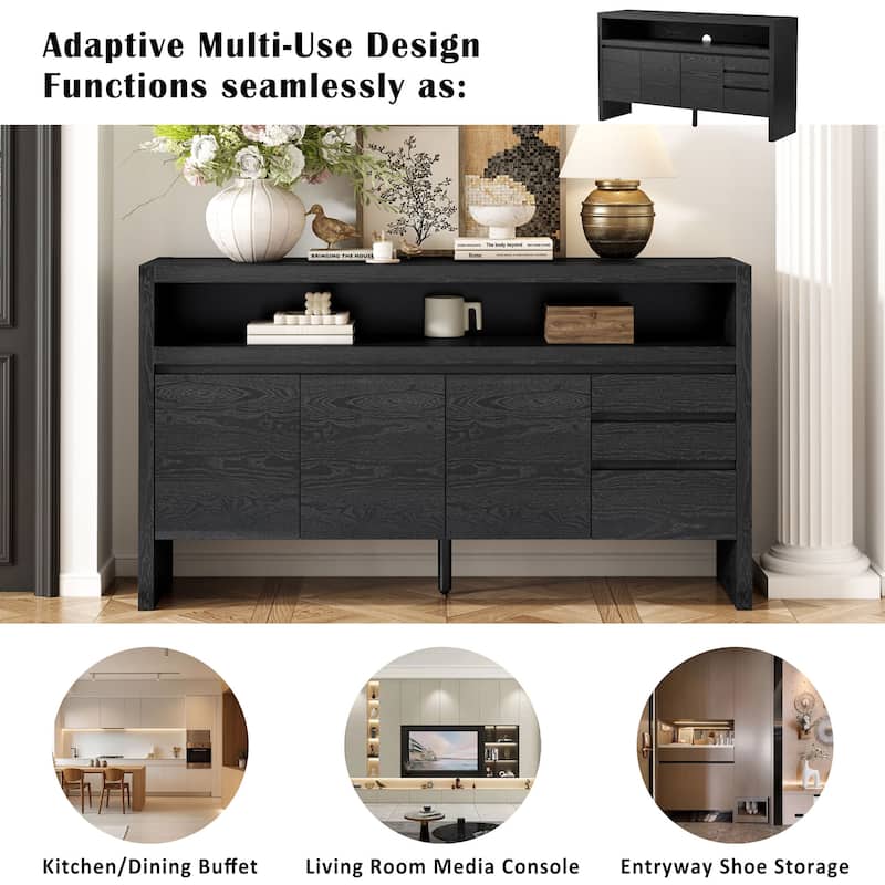 Roomfitters 60" Modern Solid Wood Veneer Sideboard with 3 Doors & 3 Drawers, Open Shelf & Cable Cutout, Large Storage Cabinet