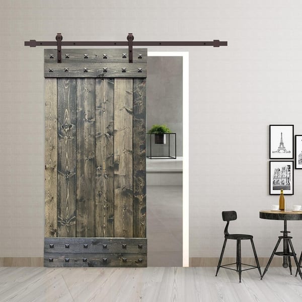 Clavos Series 36 in. x 84 in. Brown Stained Solid Pine Wood Interior Sliding Barn Door with Sliding Door Hardware Kit