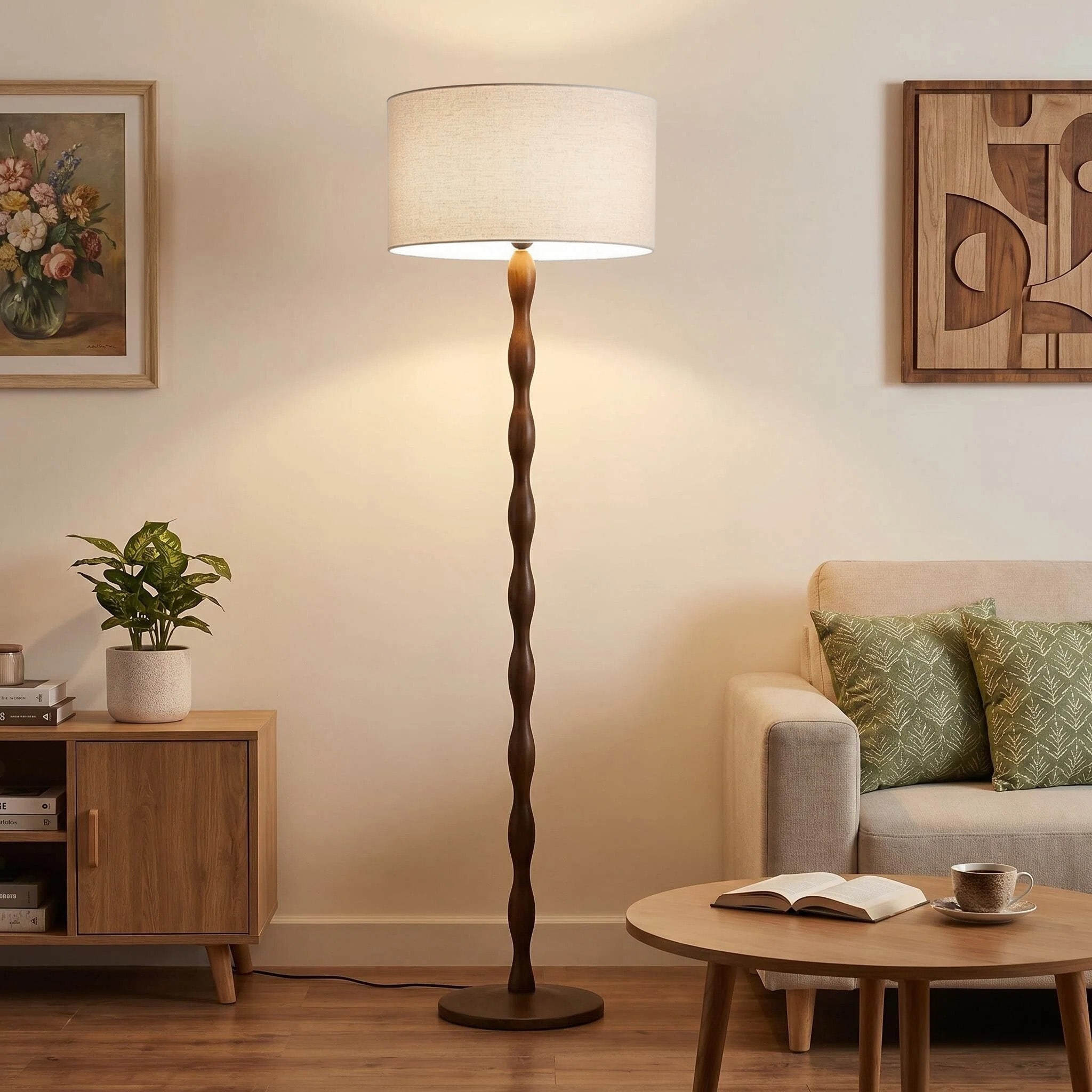 65 in Walnut Wood Floor Lamp with Sculptural Wavy Wood Pole, Linen Drum Shade, E26 Socket and Foot Switch, UL Listed
