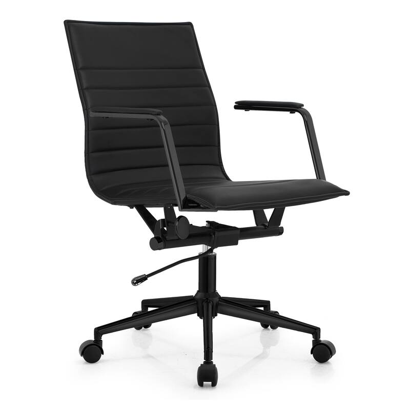 Set of 2 Modern Office Chairs | Upholstered PU Leather Ribbed Mid Back with Metal Frame | Adjustable Height, Tilt Lock