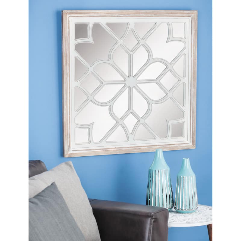 Wood Floral Wall Mirror with Carved Overlay and Brown Frame - White - Roche River Decor - 1"W x 30"L x 30"H