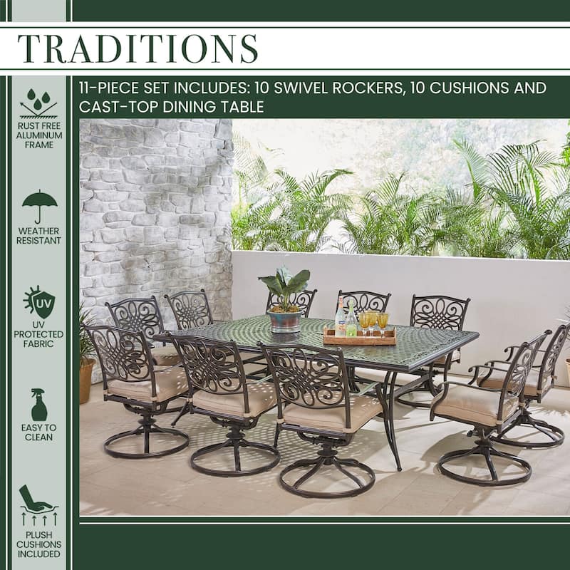 Hanover Traditions 11-Piece Dining Set in Tan with Ten Swivel Rockers and an Extra-Long Dining Table