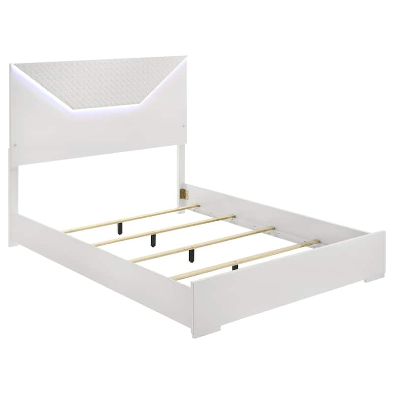 Ivon 4pc Queen Bedroom Set, Diamond Embossed, White High Gloss, LED