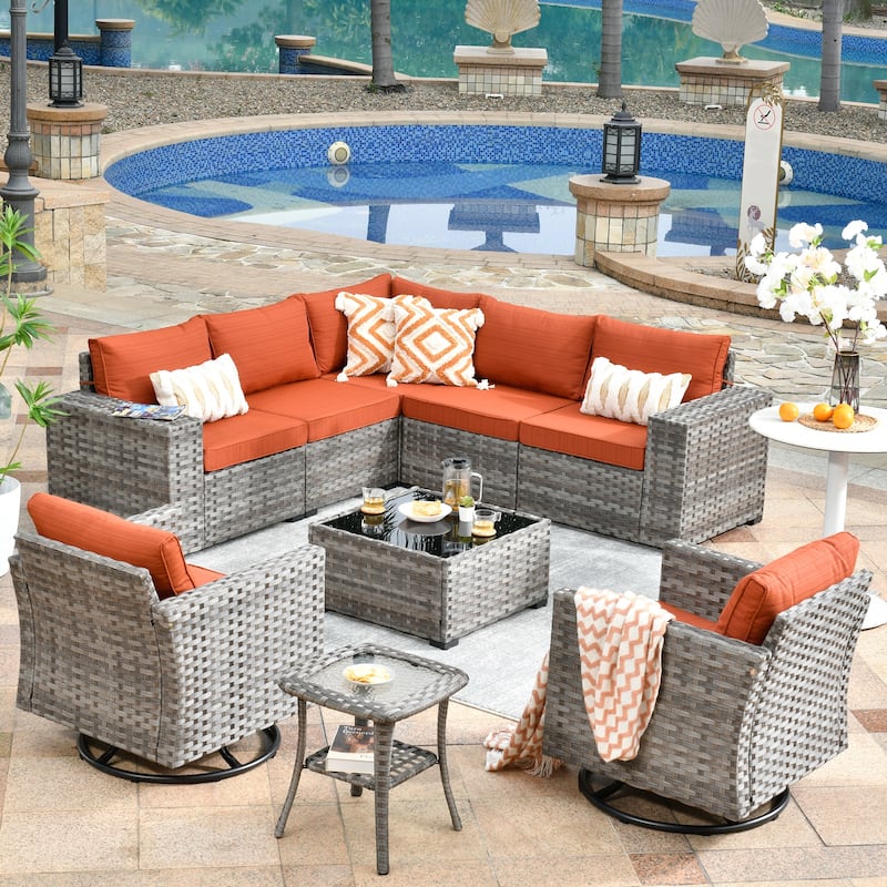 OVIOS 9-piece Patio Wicker Swivel Rocking Chair Set with Glass-Top Tables - Red/Orange