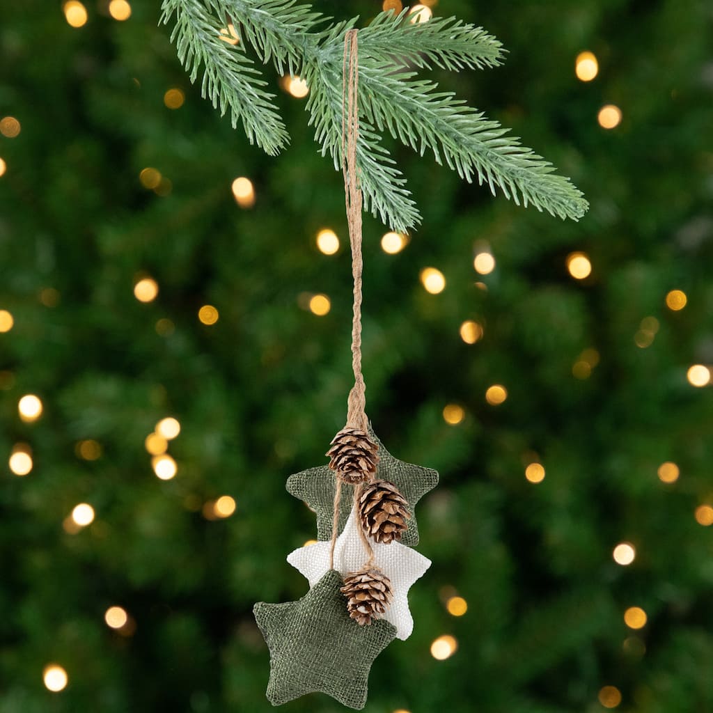11.8" White and Green Burlap Star and Pine Cone Christmas Ornament
