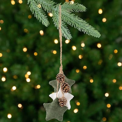 Burlap Star Shapes Pine Cones Christmas Ornament 11.75" White Green