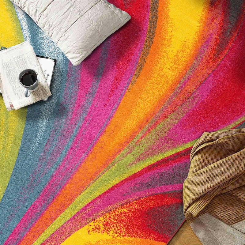 World Rug Gallery Modern Contemporary Waves Multicolored Non-slip Non-skid Area Rug