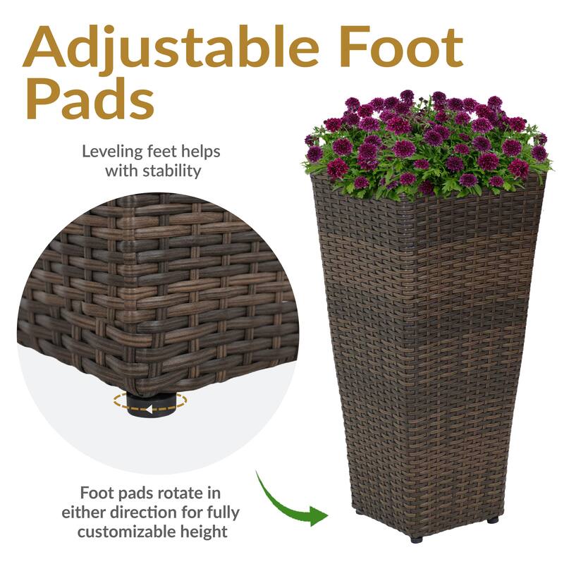 Sunnydaze Tall Square Brown Polyrattan Planter - 24-Inch - Set of 2 - 24-Inch Tall