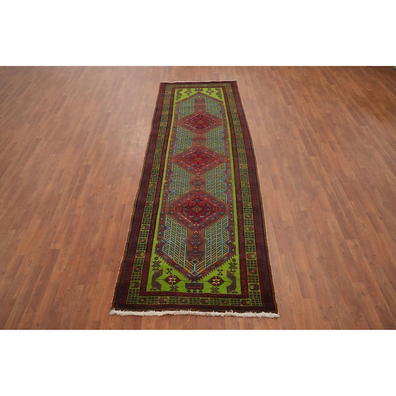 Hand Knotted Oriental 100% Wool Carpet Traditional Tribal Green Ardebil Runner Rug - 10' 7'' X 3' 6''