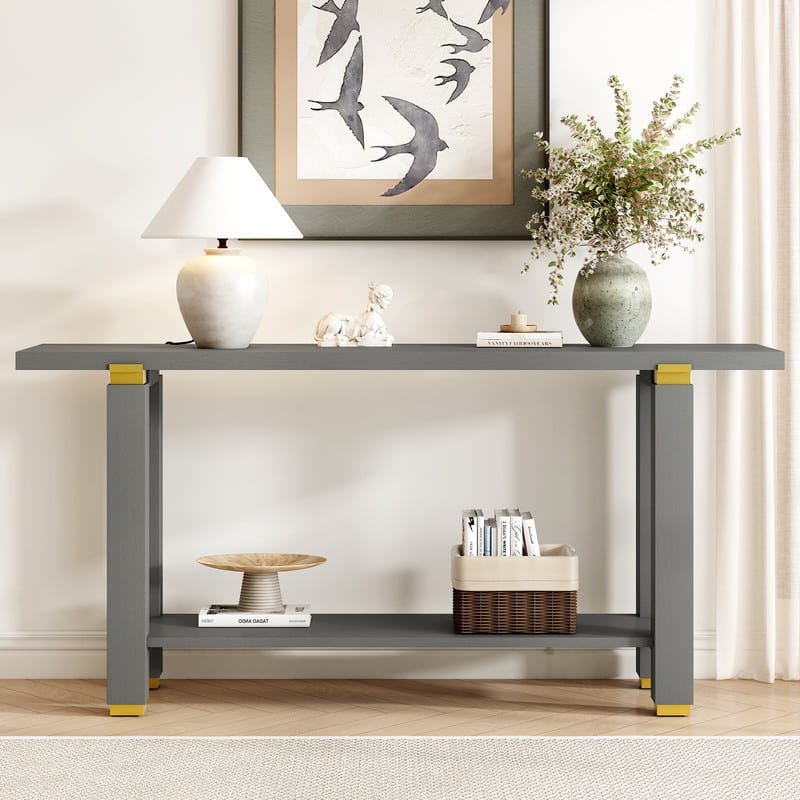 62.9" Modern Minimalist Console Table, Solid Wood Entryway Sofa Table with Metal Accents, Built-in Shelf